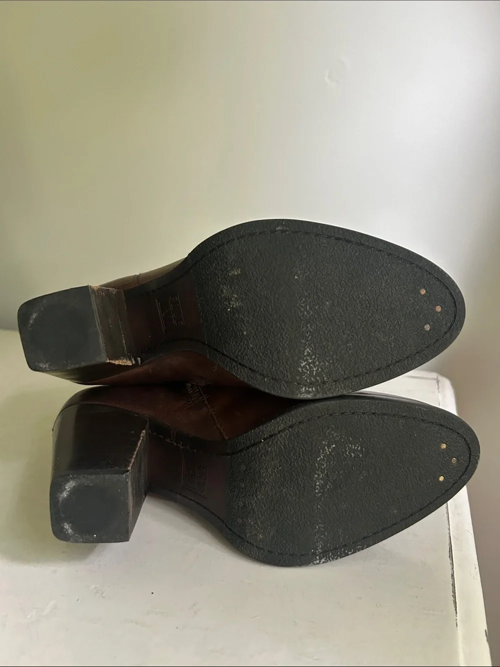 Frye Brown Leather Ankle Booties with Stacked Heel